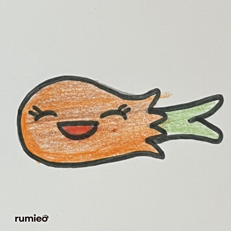 orange carrot cartoon with green leaves and a smiling face