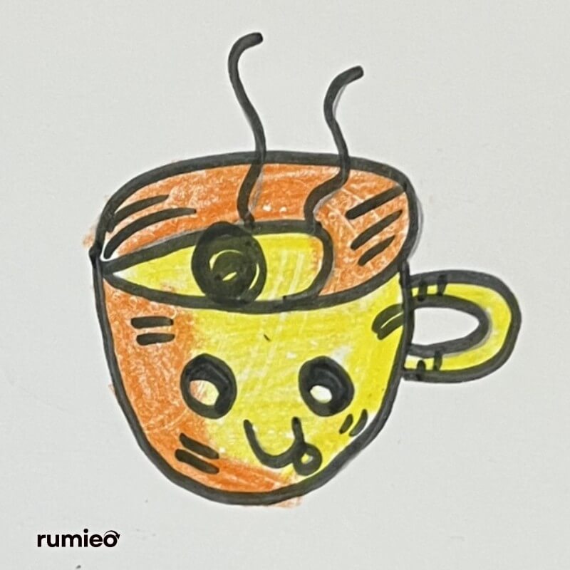 adorable yellow and orange coffee cup cartoon with steam and smiling face