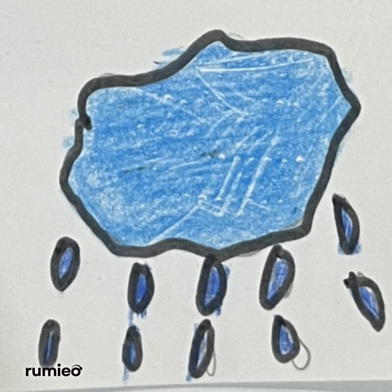 Blue rain cloud with dark blue raindrops in a hand-drawn style