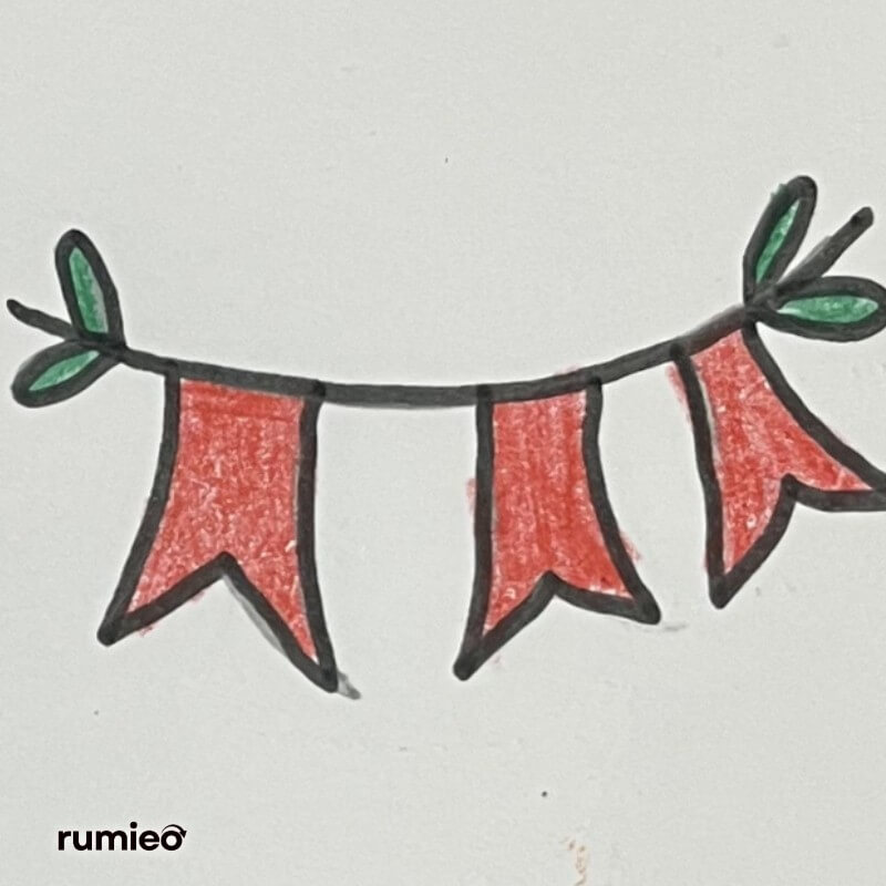 Red hand-drawn banner garland with green leaf details