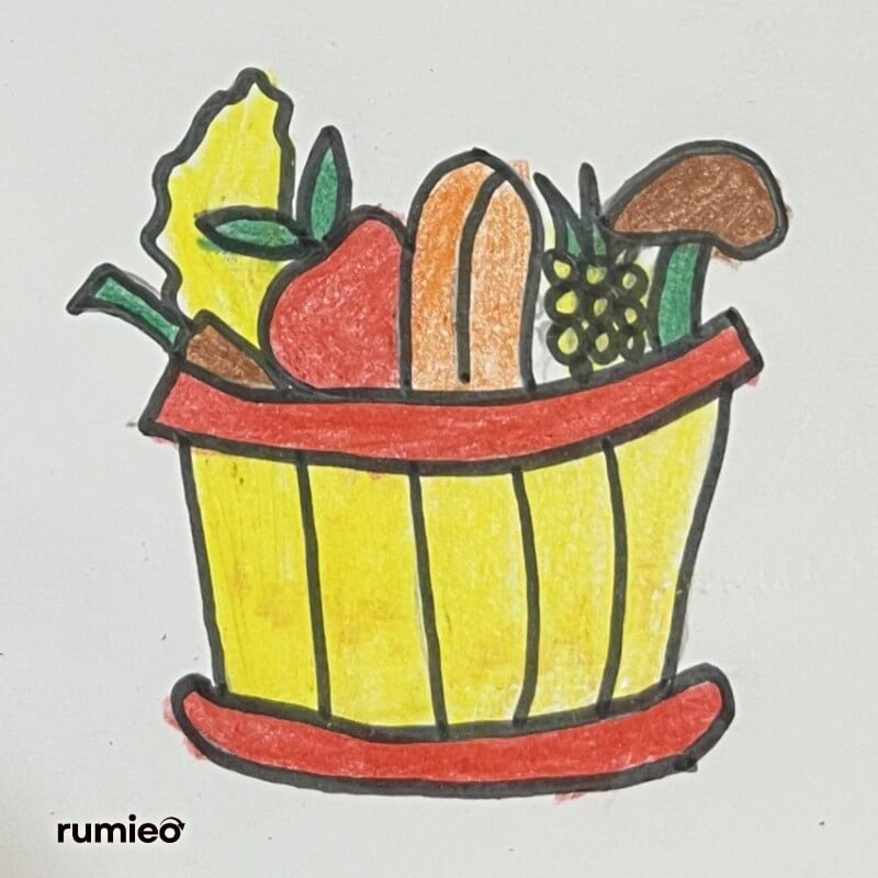 Hand-drawn basket filled with vegetables and fruits in bright colors