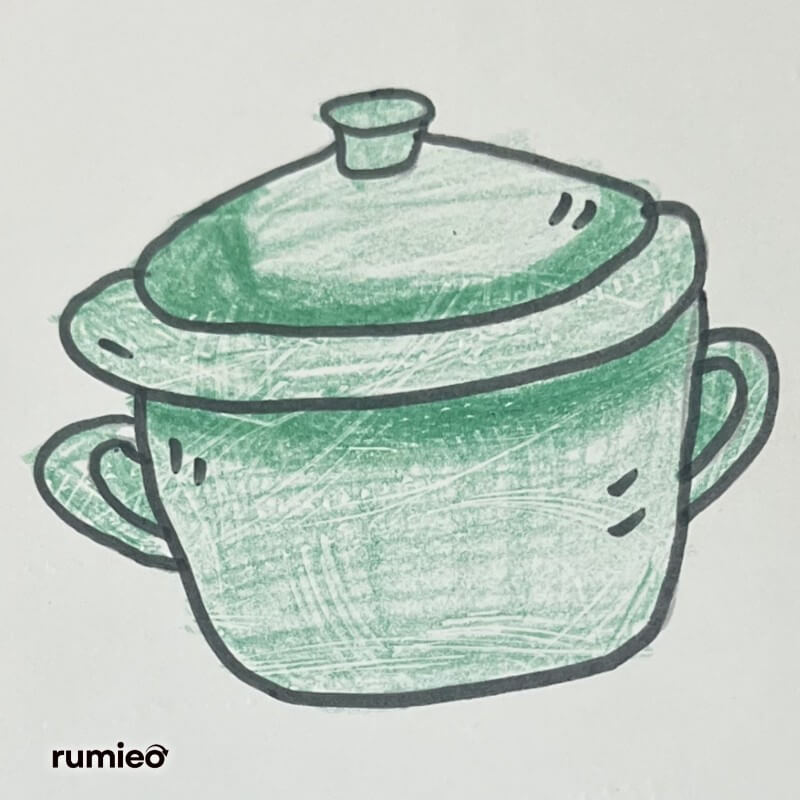Hand-drawn green cooking pot with handles and lid