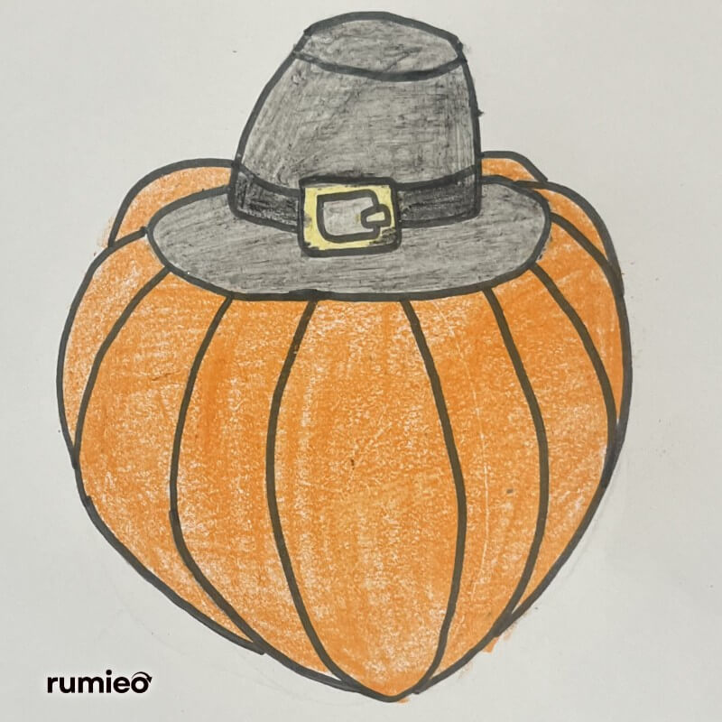 Pumpkin drawing with a gray pilgrim hat and yellow buckle