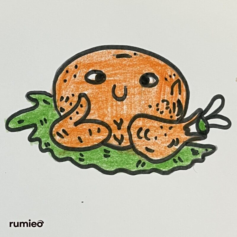 Cute cartoon turkey with smiling face resting on green leaves