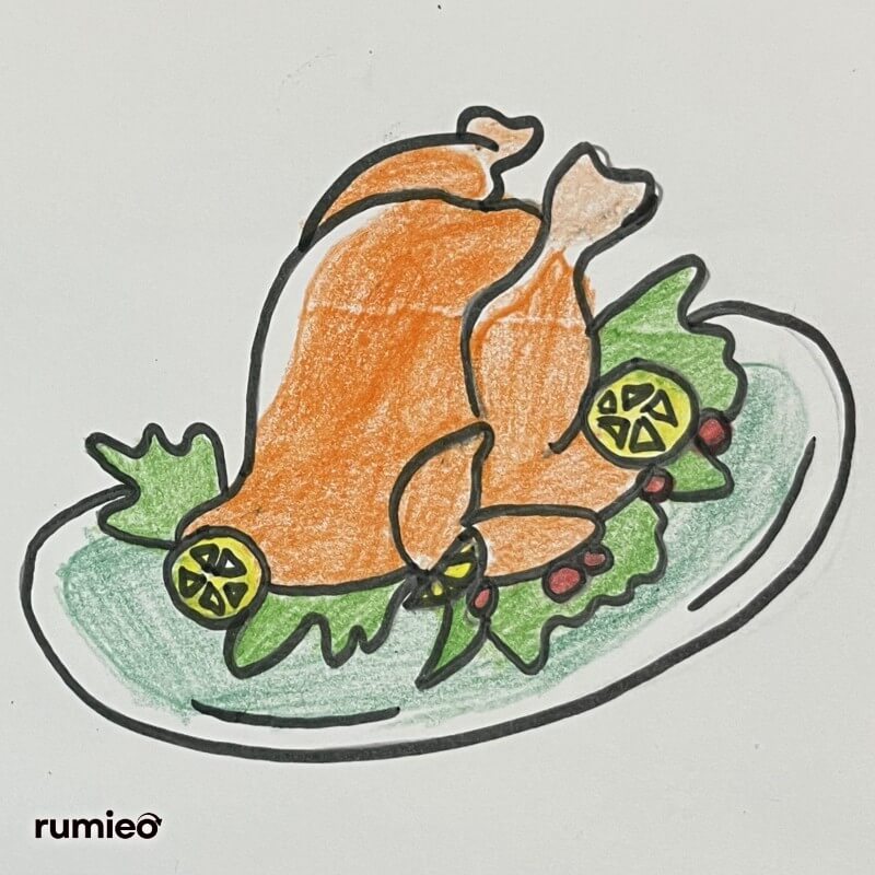 Hand-drawn Thanksgiving roast turkey on a plate with vegetables and lemon slices