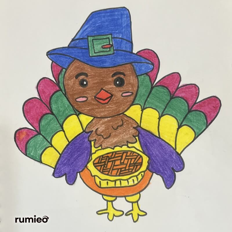 cartoon Thanksgiving turkey with bright feathers and a pilgrim hat