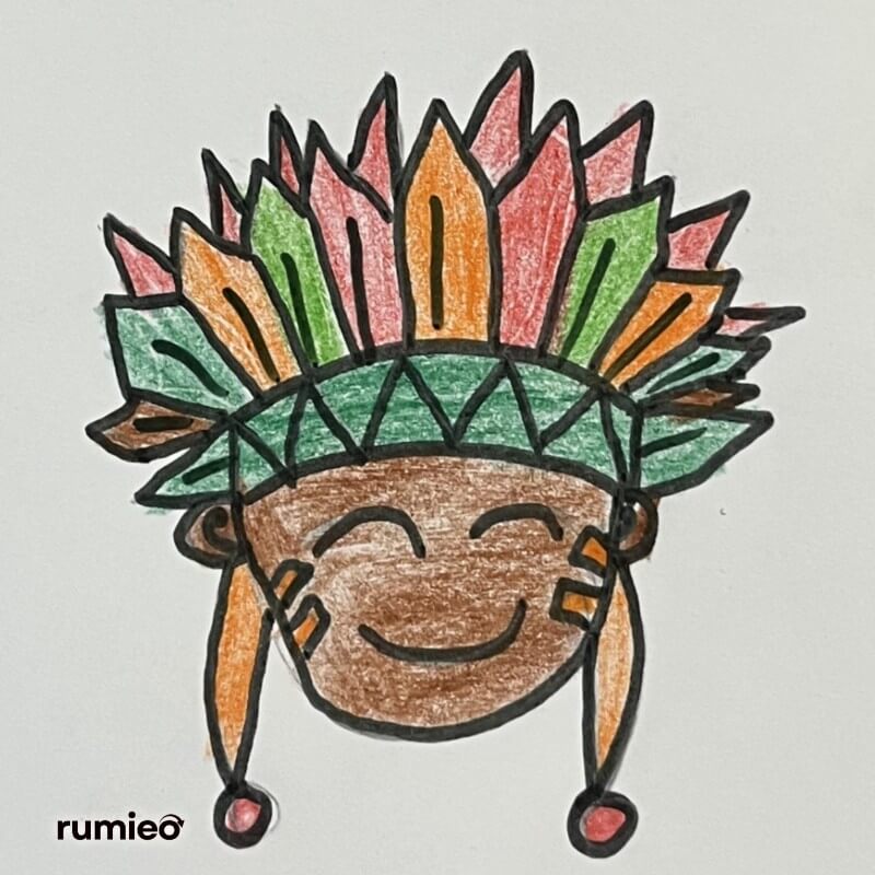 cartoon face with colorful tribal feather headdress and cheerful expression